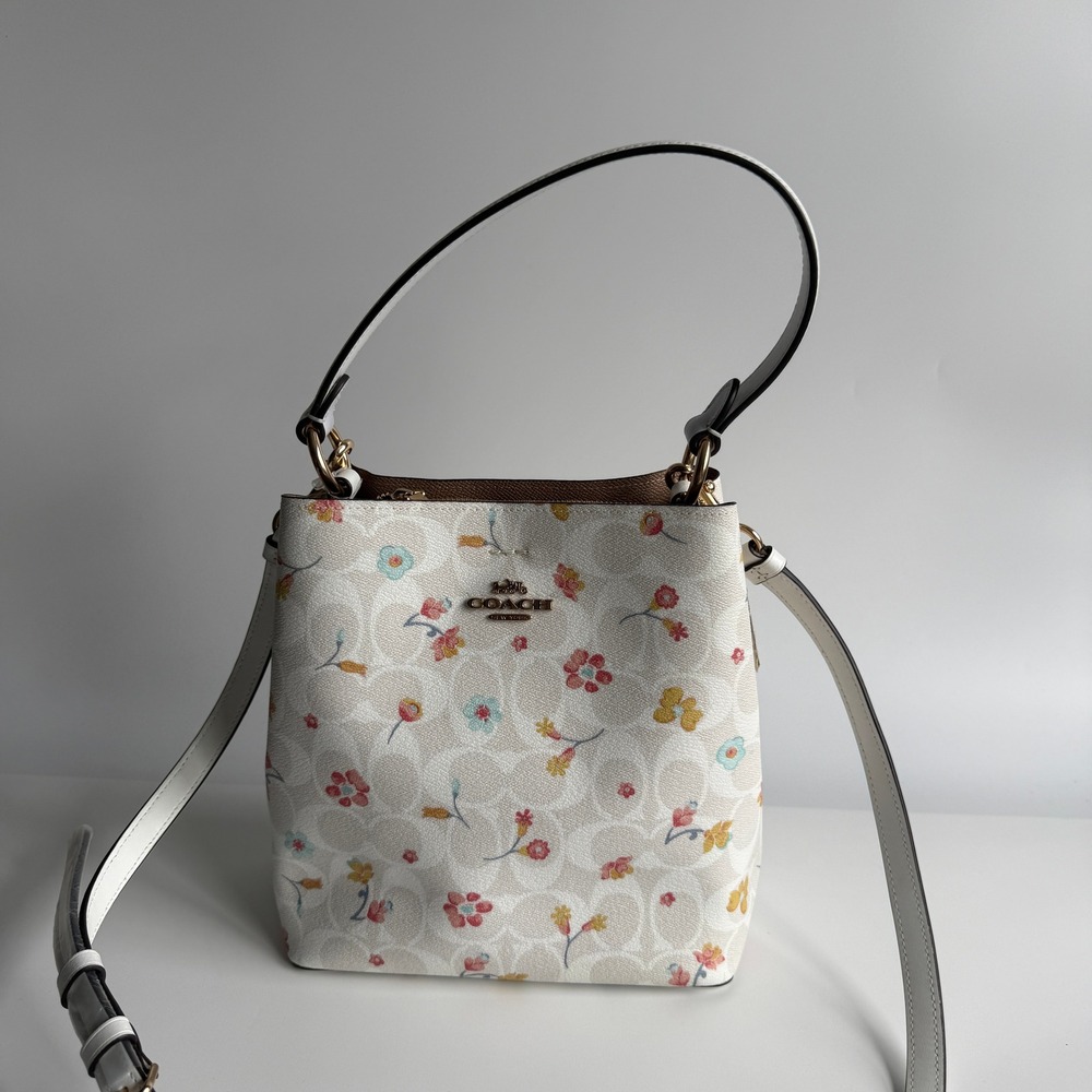 Coach Small Town Bucket Bag White Signature Canvas Mystical Floral Print C8610